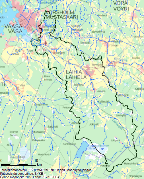 Kartta Laihianjoen valuma-alueesta.